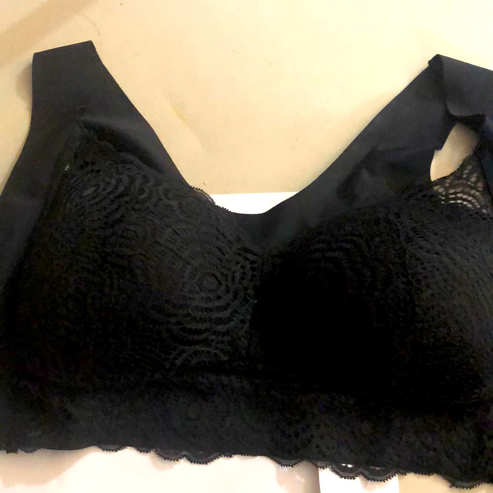 Black, long lined lace bra